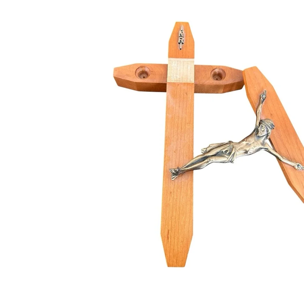 VINTAGE INRI OAK WOOD CRUCIFIX‎ WALL CROSS WITH INLAYS CANDLE HOLDER